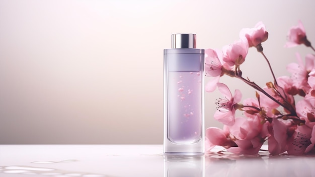 Bouteille de parfum avec des fleurs de cerisier sur un fond clair en gros plan