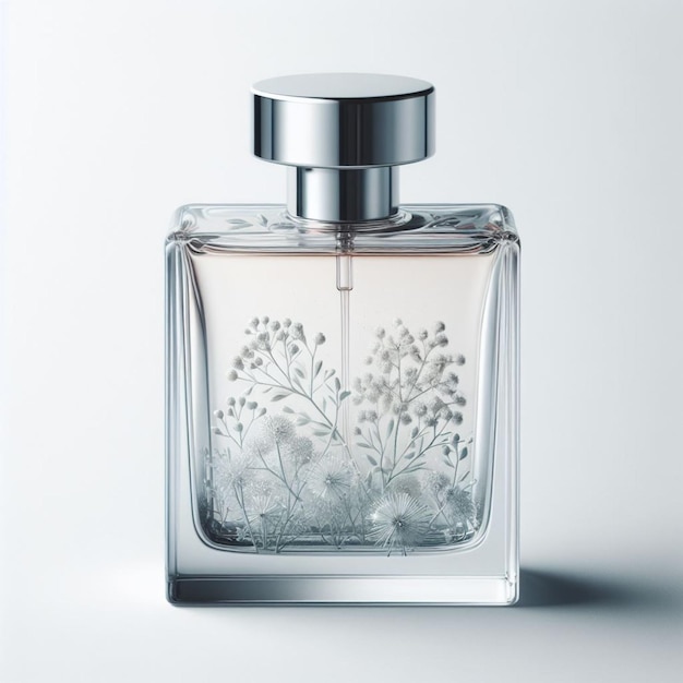 une bouteille de parfum avec des fleurs sur le dessus