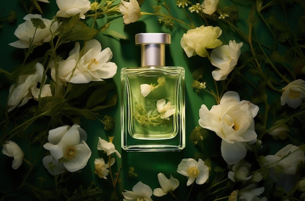 bouteille de parfum avec fleurs et espace de copie