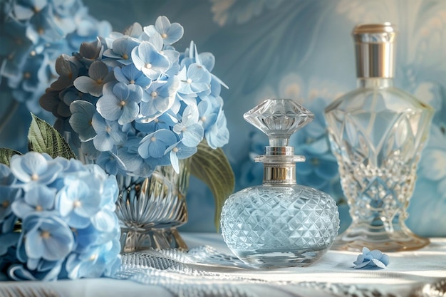 Bouteille de parfum avec des fleurs d'hortensia bleue