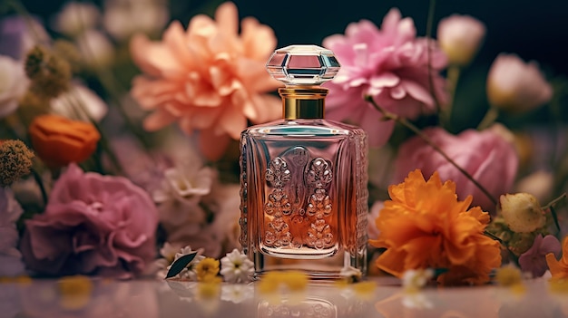 bouteille de parfum avec des fleurs IA générative