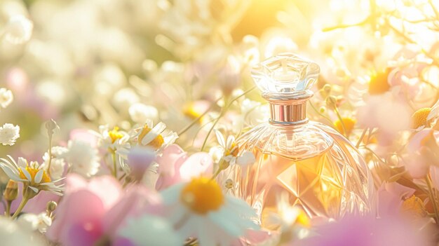 Bouteille de parfum en fleurs parfum sur fond fleuri parfum floral et produit cosmétique