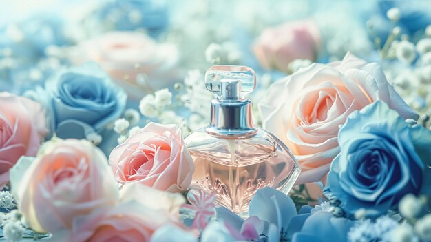 Bouteille de parfum en fleurs parfum sur fond fleuri parfum floral et produit cosmétique