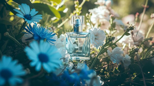 Bouteille de parfum en fleurs parfum sur fond fleuri parfum floral et produit cosmétique