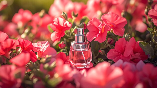 Bouteille de parfum en fleurs parfum sur fond fleuri parfum floral et produit cosmétique