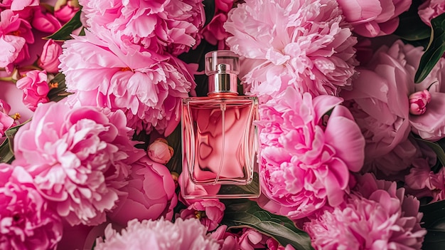 Bouteille de parfum en fleurs parfum sur fond fleuri parfum floral et produit cosmétique