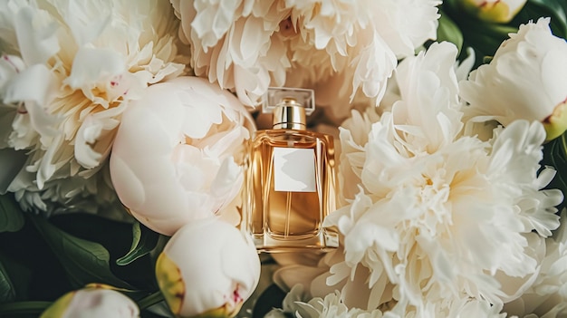 Bouteille de parfum en fleurs parfum sur fond fleuri parfum floral et produit cosmétique