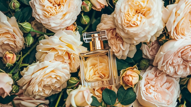 Bouteille de parfum en fleurs parfum sur fond fleuri parfum floral et produit cosmétique