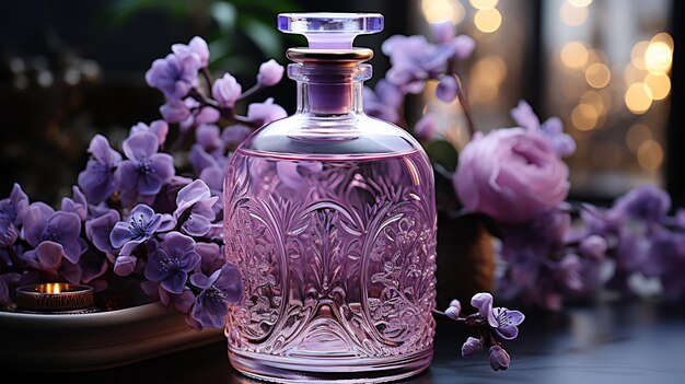 bouteille de parfum avec des fleurs roses ai générative