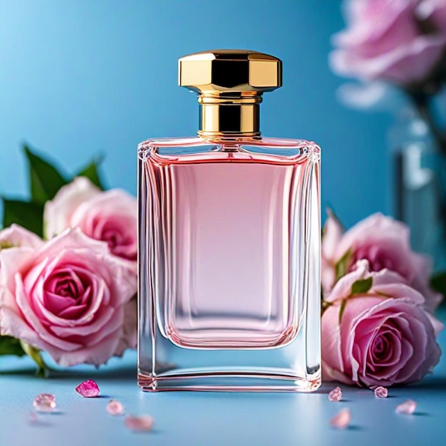 une bouteille de parfum avec des fleurs roses en arrière-plan