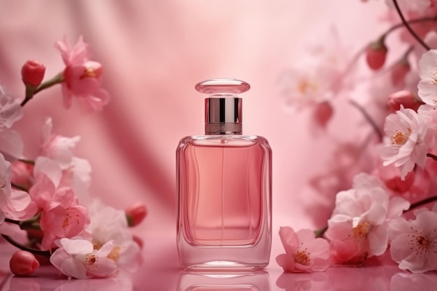 Une bouteille de parfum avec des fleurs roses en arrière-plan.