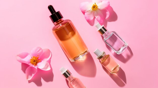 Une bouteille de parfum avec des fleurs roses sur fond rose