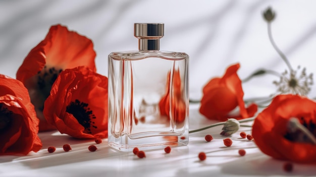 Photo une bouteille de parfum avec des fleurs rouges sur le côté