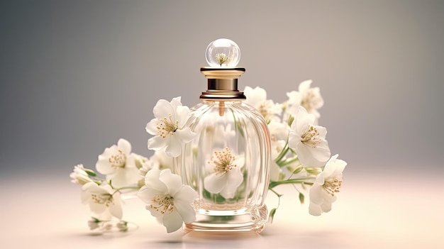 Une bouteille de parfum avec des fleurs sur la table