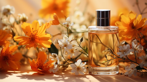 Bouteille de parfum avec des fleurs