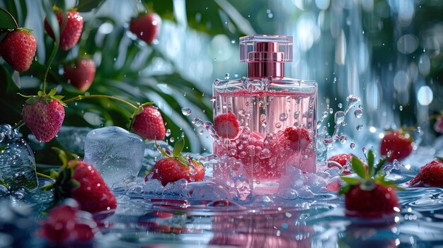 Bouteille de parfum flottant au-dessus de l'eau cristalline à côté des feuilles de palmier lentille large ultra détaillée