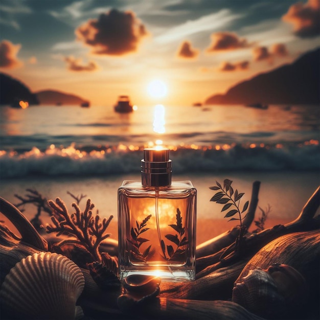 Bouteille de parfum sur le fond d'un beau coucher de soleil dans la mer avec une atmosphère brumeuse