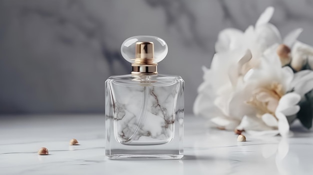 Une bouteille de parfum avec un fond de marbre