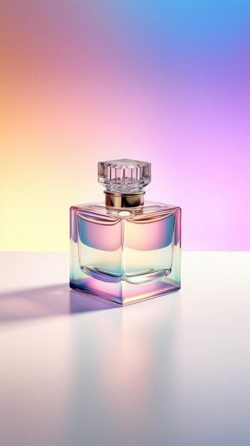 Une bouteille de parfum avec un fond rose et violet