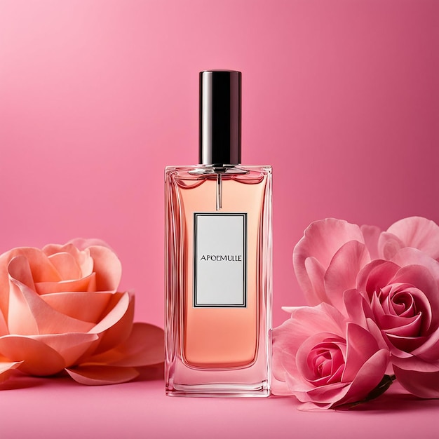 Une bouteille de parfum sur un fond rose