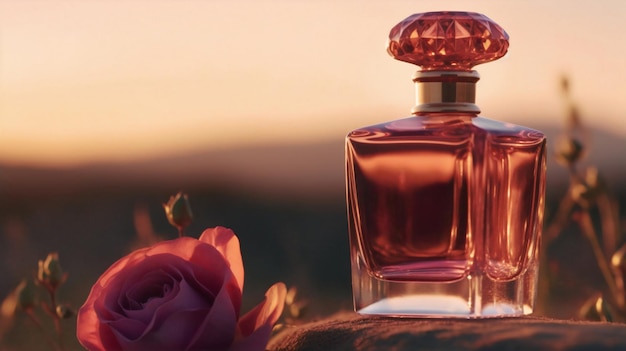 Une bouteille de parfum avec un fond rose