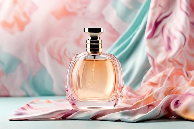 Bouteille de parfum sur fond de tissu coloré en gros plan