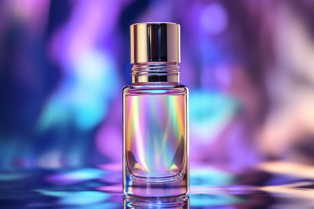 Une bouteille de parfum avec un fond violet et le mot parfum dessus.