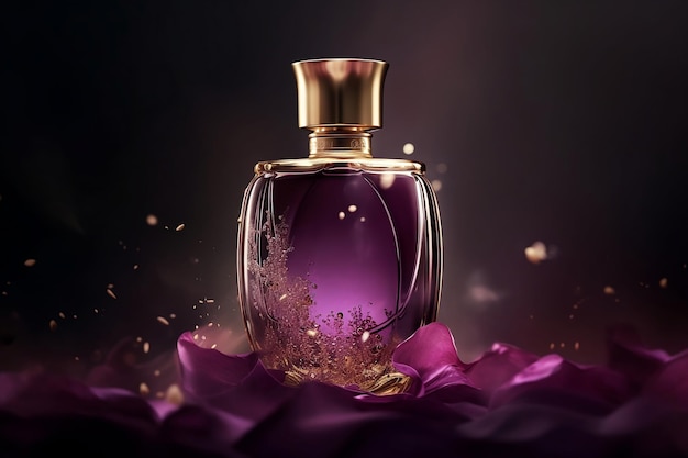 Une bouteille de parfum avec un fond violet