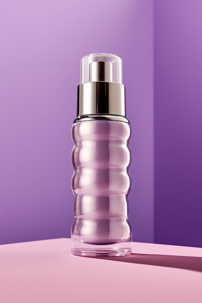 une bouteille de parfum sur fond violet.