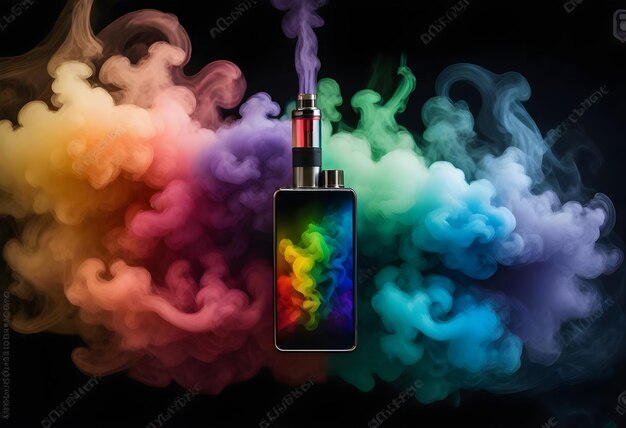 une bouteille de parfum avec une fumée de couleur arc-en-ciel en arrière-plan