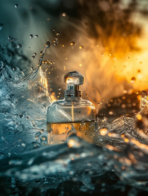 Photo une bouteille de parfum avec un liquide jaune dans les rayons du soleil couchant dans l'eau de mer avec des vagues sur le fond du soleil couverts cadre vertical