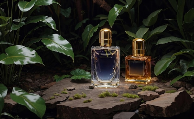 Une bouteille de parfum de luxe avec un fond naturel