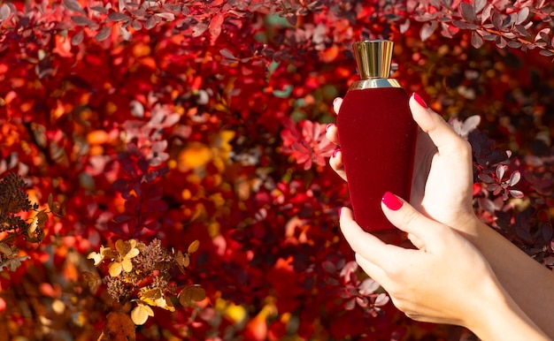 Bouteille de parfum à la main présentant une bouteille de parfum sur fond d'automne présentant un produit de beauté