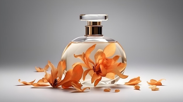 Une bouteille de parfum orange avec une fleur sur le dessus