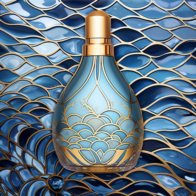 Photo bouteille de parfum ornementale sur motif d'onde bleue