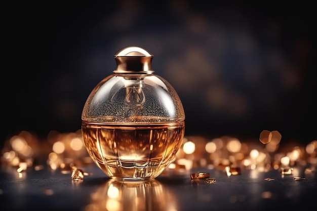Une bouteille de parfum avec des paillettes d'or sur la table