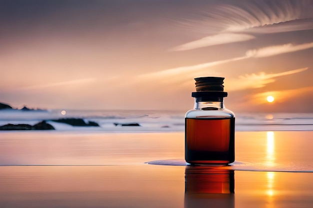 Photo une bouteille de parfum avec un palmier en arrière-plan.