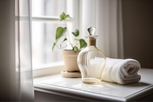 Une bouteille de parfum posée sur le rebord d’une fenêtre