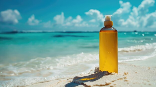 Photo une bouteille de parfum repose sur la plage alors que le soleil se couche sur l'horizon calme