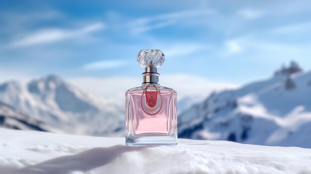 Une bouteille de parfum rose dans les montagnes enneigées