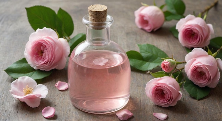 Photo une bouteille de parfum rose est posée sur une surface en bois