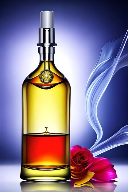 Photo une bouteille de parfum et une rose avec des vagues et de la fumée