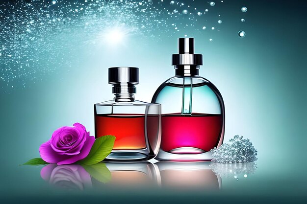 Photo une bouteille de parfum et une rose avec des vagues et de la fumée