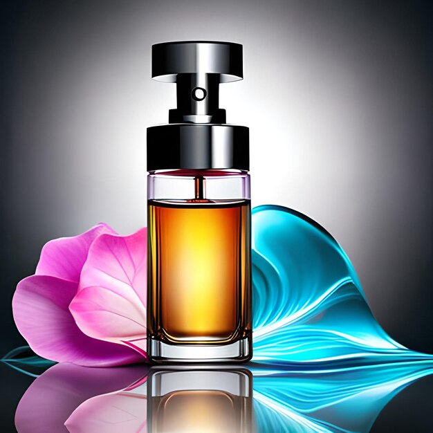 Une bouteille de parfum et une rose avec des vagues et de la fumée