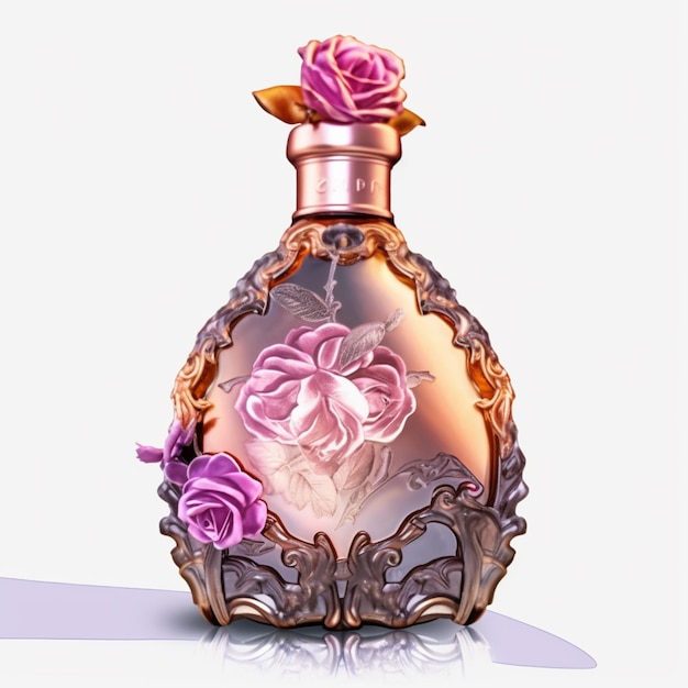 Une bouteille de parfum avec des roses roses dessus