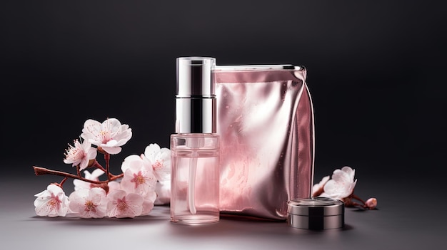 Une bouteille de parfum et un sac avec des fleurs de cerisier sur le côté