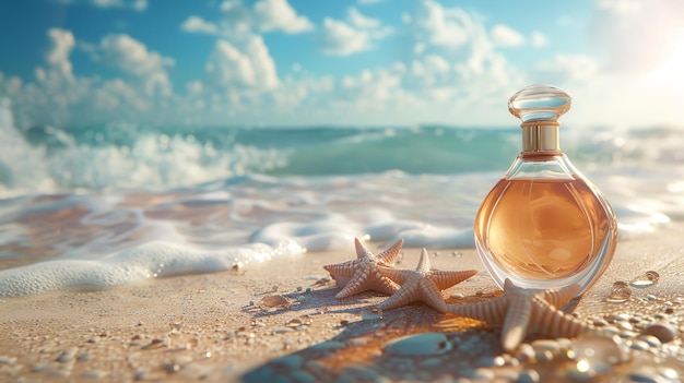 Une bouteille de parfum sans étiquette perchée dans le sable d'une côte sur le décor de la mer