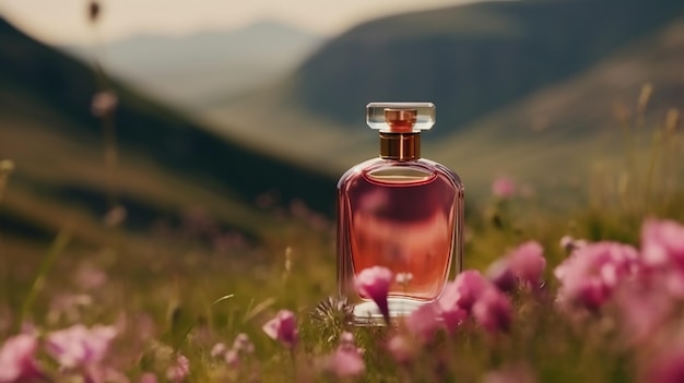 Une bouteille de parfum se tient dans un champ de fleurs en fleurs sur la toile de fond des montagnes Closeu
