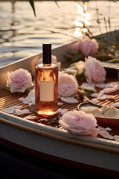 Une bouteille de parfum se trouve sur un bateau avec des fleurs sur le bateau.