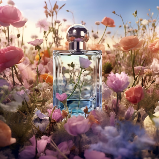 une bouteille de parfum se trouve dans un champ de fleurs.